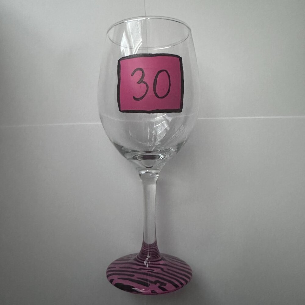 Hand Painted 30th Birthday Wine Glass in Pink